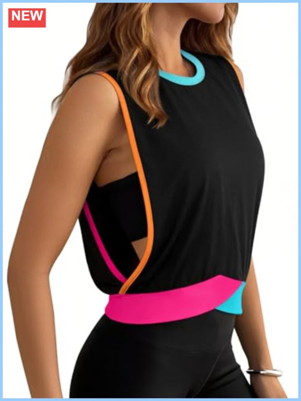 Womens Sleeveless Crop Tank Top Color Block V Neck Loose Fit Workout Gym Shirt